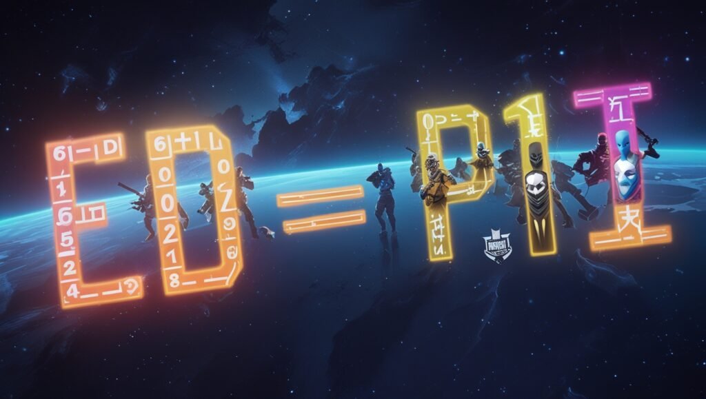 Glowing holographic equation 'eDPI = DPI × Sensitivity' floating in space, morphing into game headshots and builds for visual learners.