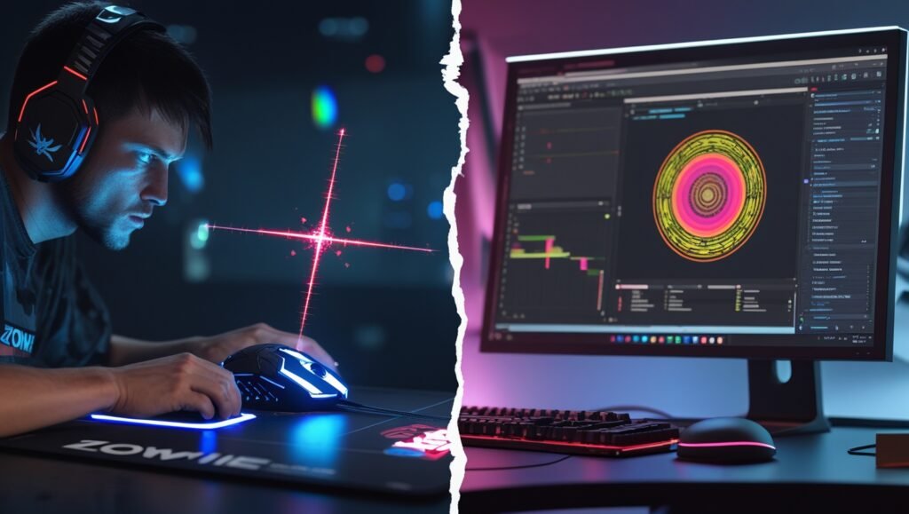 Split-screen image contrasting a low-DPI gaming mouse (Valorant crosshair) and a high-DPI design mouse (Adobe UI), highlighting sensitivity differences.