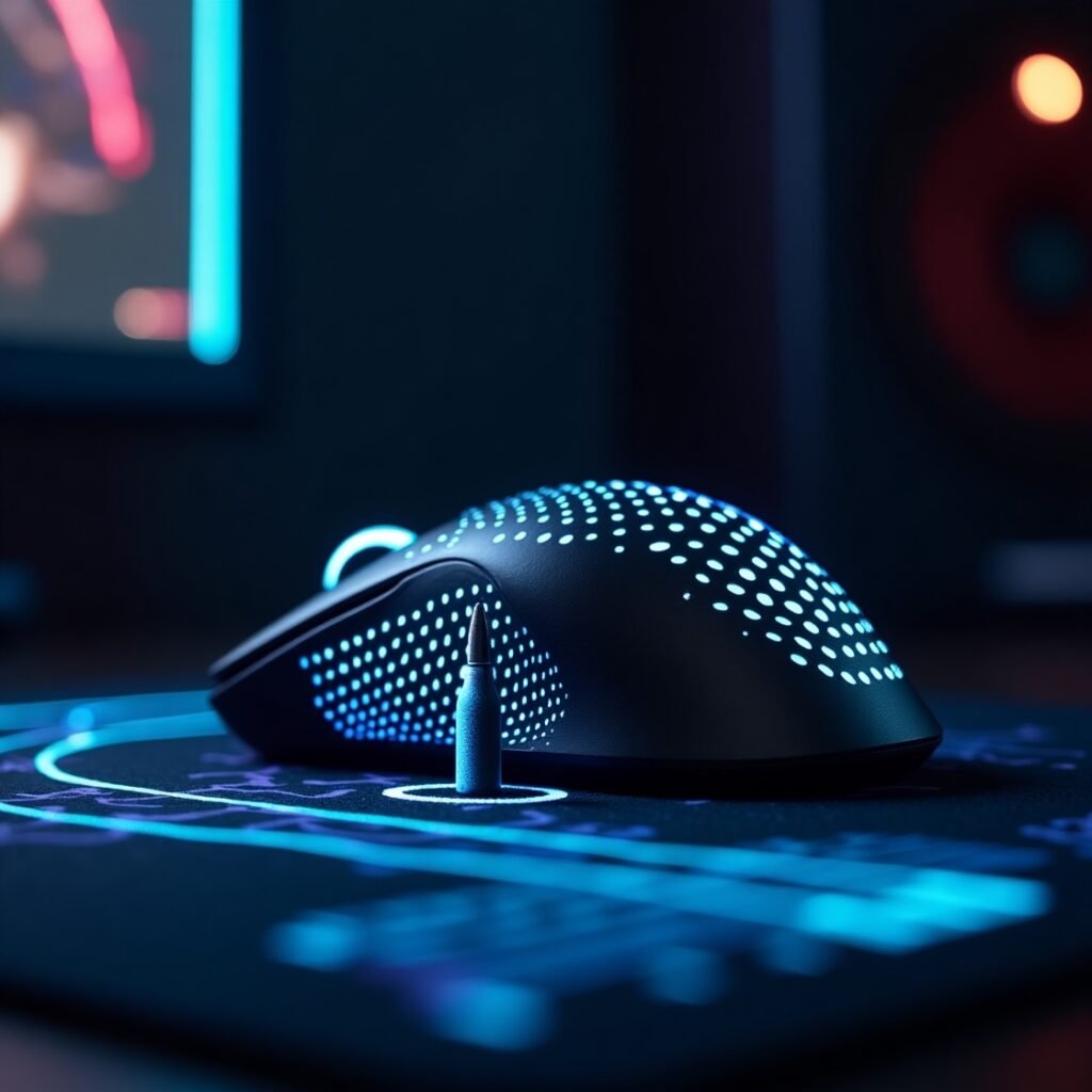 Ambidextrous gaming mouse mid-flick shot with trajectory lines - lightweight design for FPS games like Valorant