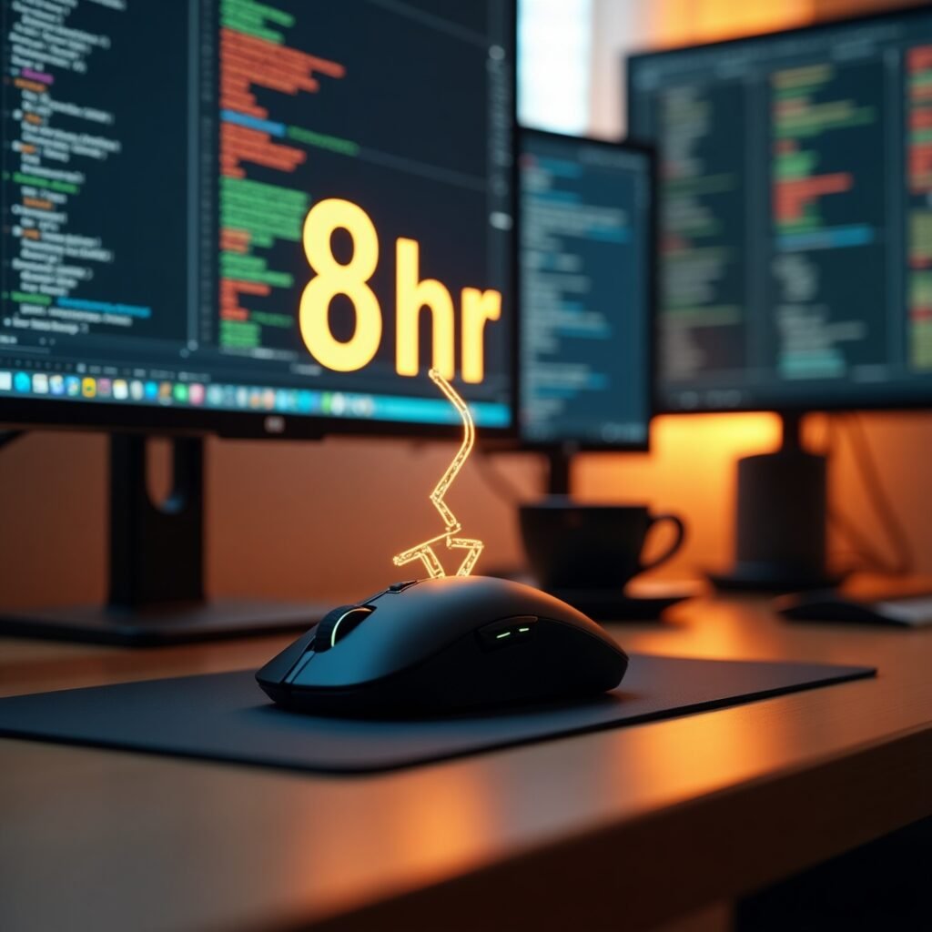 Ergonomic mouse in productivity setup with comfort hologram - ideal for long office/creative work sessions