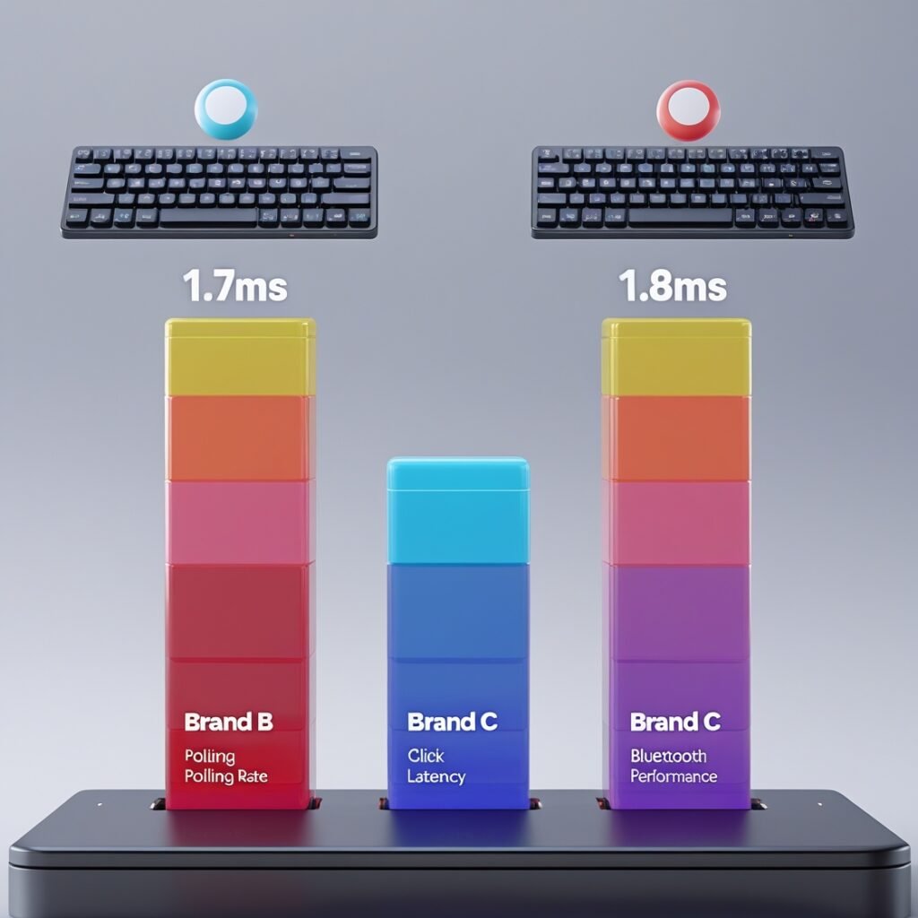 Flow diagram tracing a key press signal from keyboard to computer, with arrows marking latency (in milliseconds) during data transmission