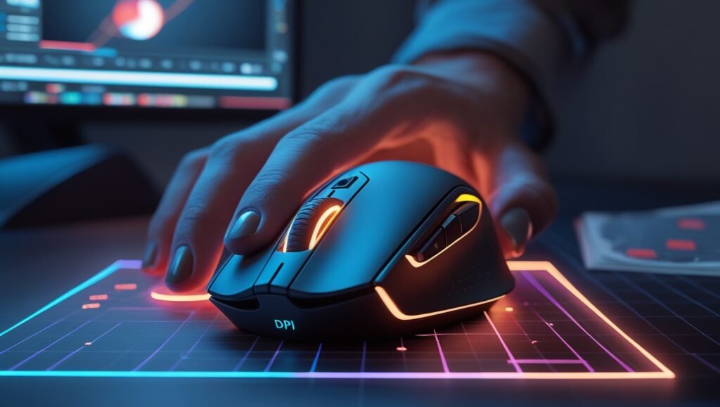 Close-up: Artist adjusting DPI from 2000 to 800 on Logitech MX Master 3S for pixel-perfect Photoshop editing. DPI shift button in action.