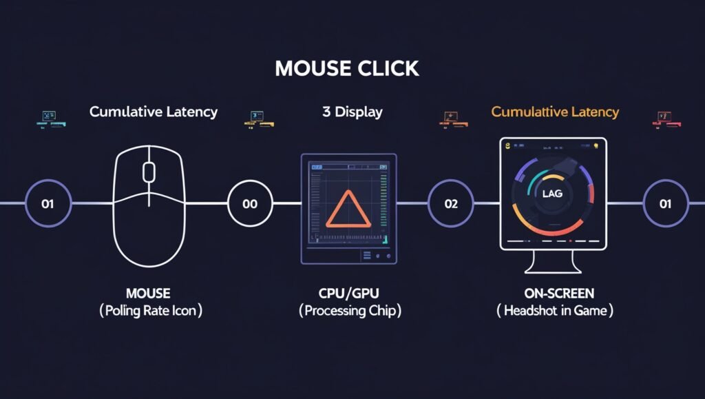Input lag performance chain: How mouse polling rate, PC processing, and display latency combine to create total system delay in gaming setups