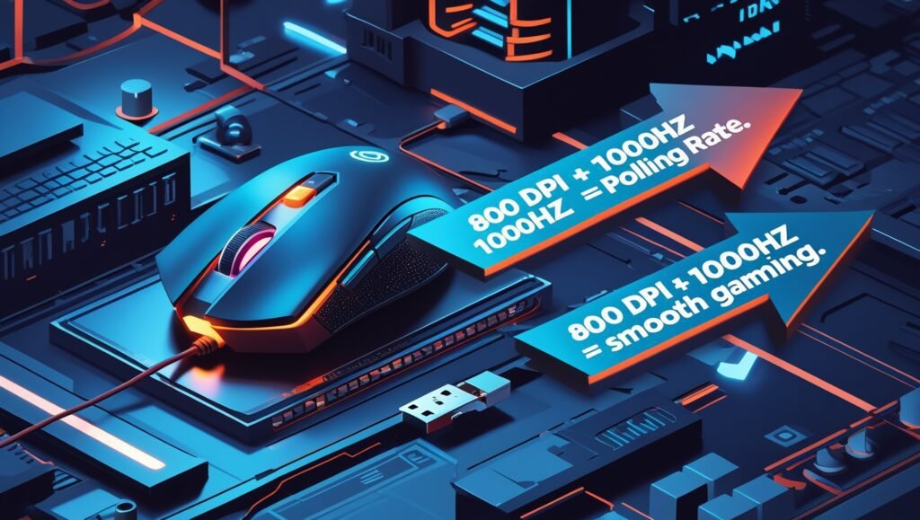Infographic: Mouse DPI (sensitivity) syncing with 1000Hz polling rate (update speed) for lag-free cursor movement. Gaming mouse tech explained