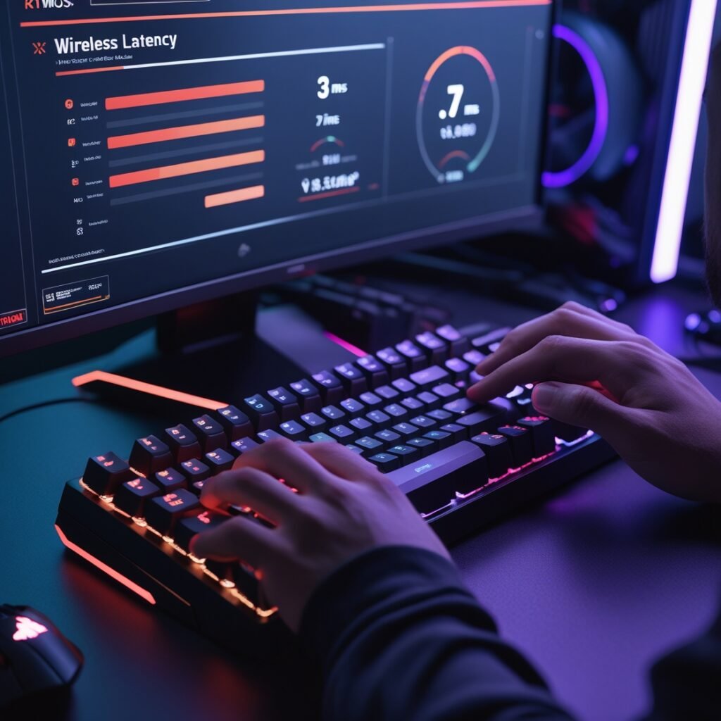 "Side-by-side demo: Low-latency keyboard (instant on-screen response) vs. high-latency model (visible lag during typing)