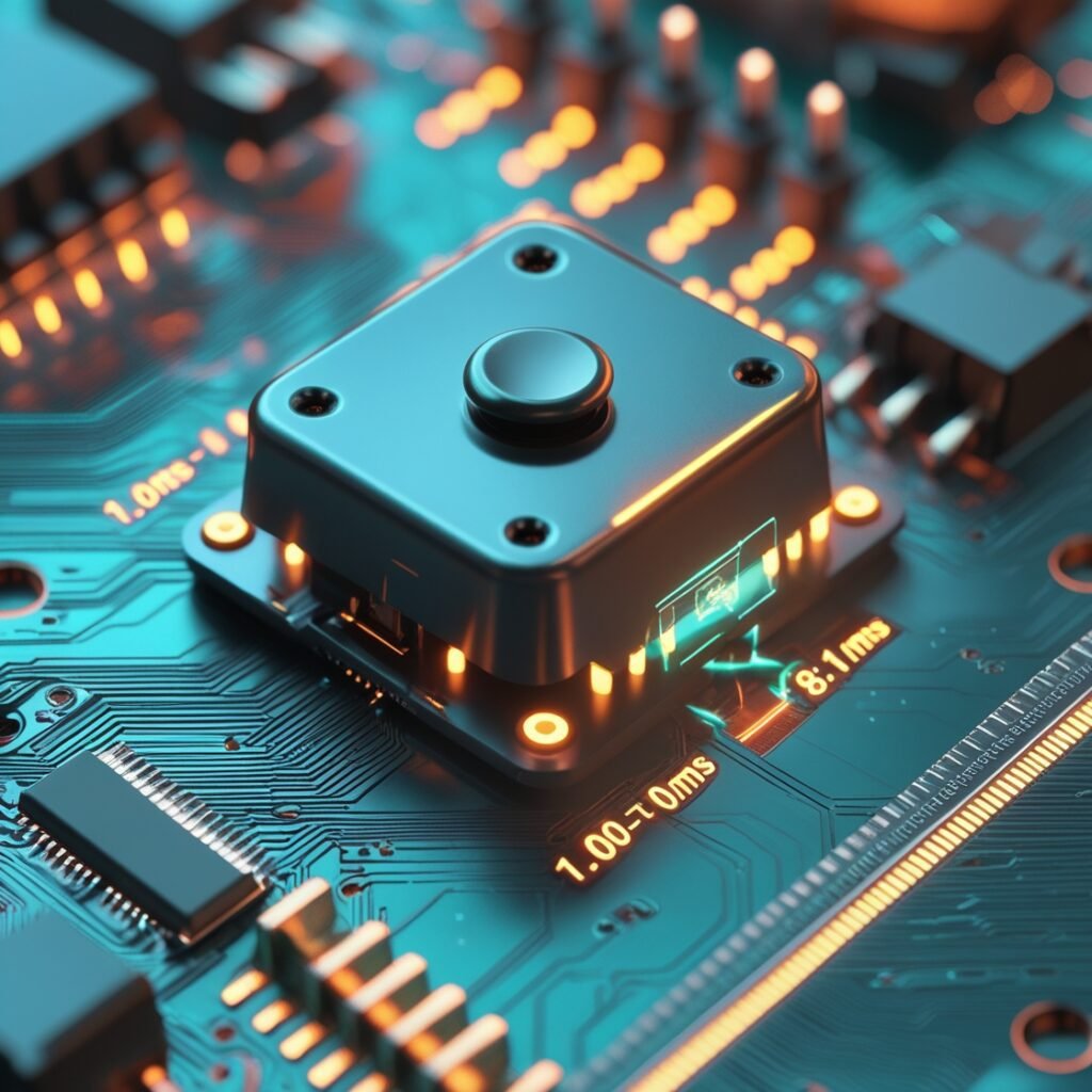 Oscilloscope graph comparing keyboard signal input (sharp spike) to computer response (delayed waveform), labeled with latency time in milliseconds