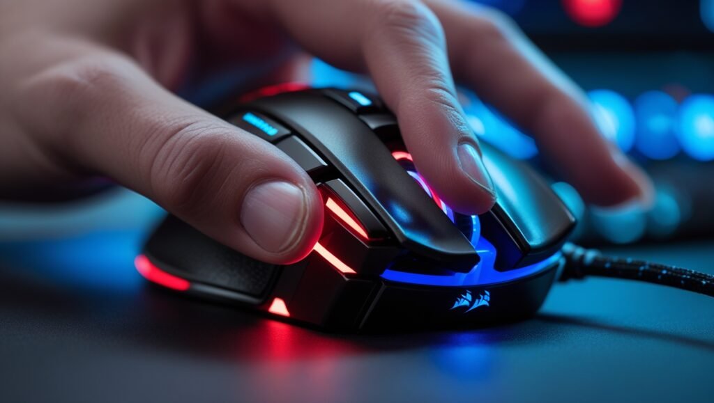 Close-up: Artist adjusting DPI from 2000 to 800 on Logitech MX Master 3S for pixel-perfect Photoshop editing. DPI shift button in action.