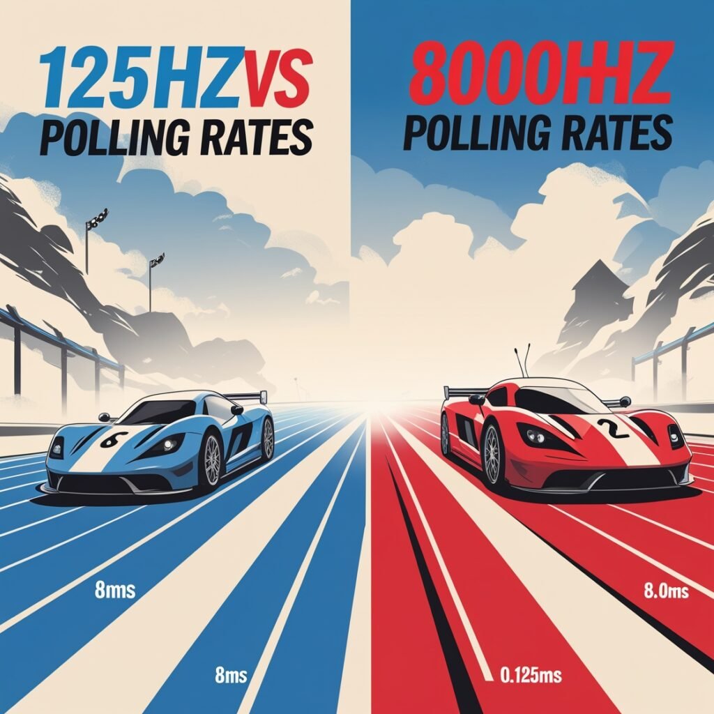 Gaming mouse polling rate diagram: 125Hz vs. 500Hz vs. 1000Hz response speeds for competitive performance
