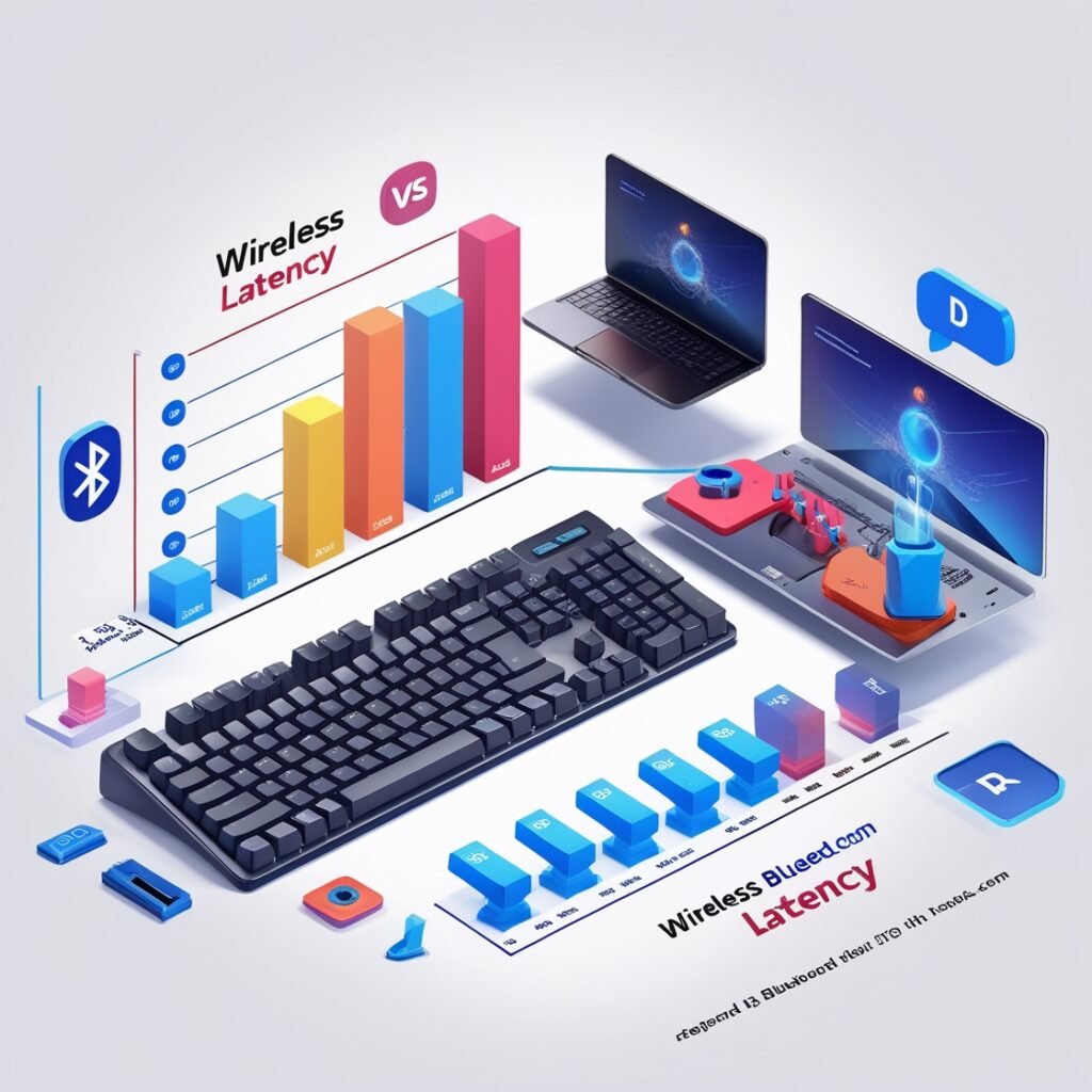 Split-screen image: Left side shows a pressed keyboard key; right side displays a computer with a milliseconds timer highlighting the input delay