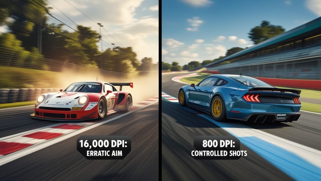 Gaming mouse DPI analogy: Extreme high DPI causes unstable aim like an oversteering race car, while moderate DPI enables precision targeting.