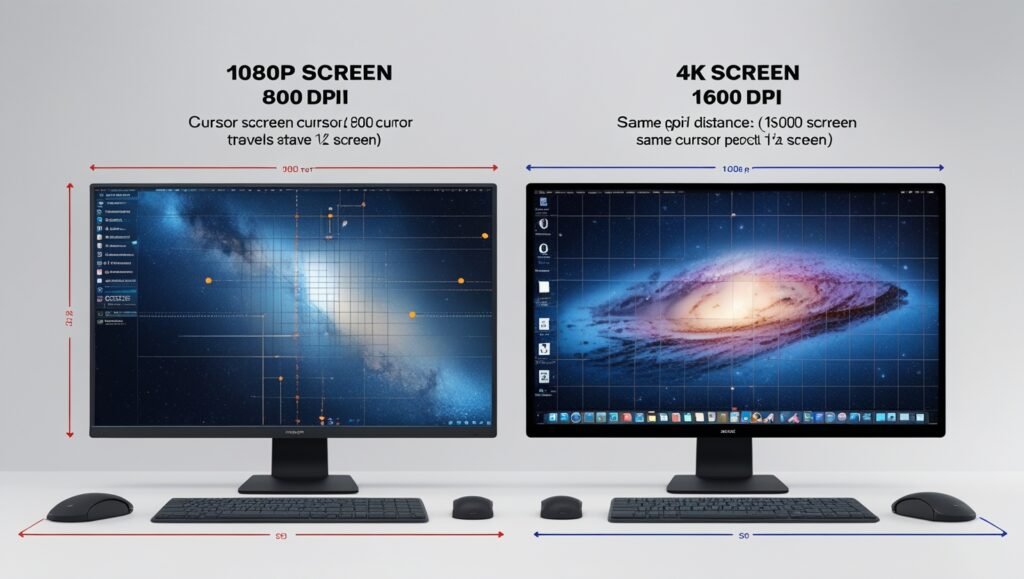 Side-by-side: 800 DPI cursor travel on 1080p monitor vs. 1600 DPI on 4K display. Optimizing mouse sensitivity for screen resolution.