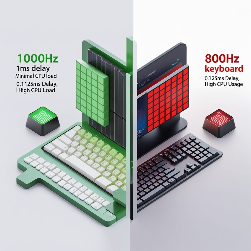 Illustration explaining keyboard polling rate with visual comparison of different Hz rates, debunking common misconceptions about performance impact
