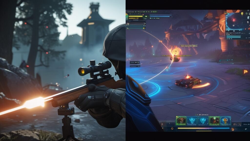 Split-screen: FPS precision (low DPI) vs. MOBA speed (high DPI) with Logitech G Pro X gaming mouse. Ideal mouse sensitivity settings for Valorant and League of Legends.