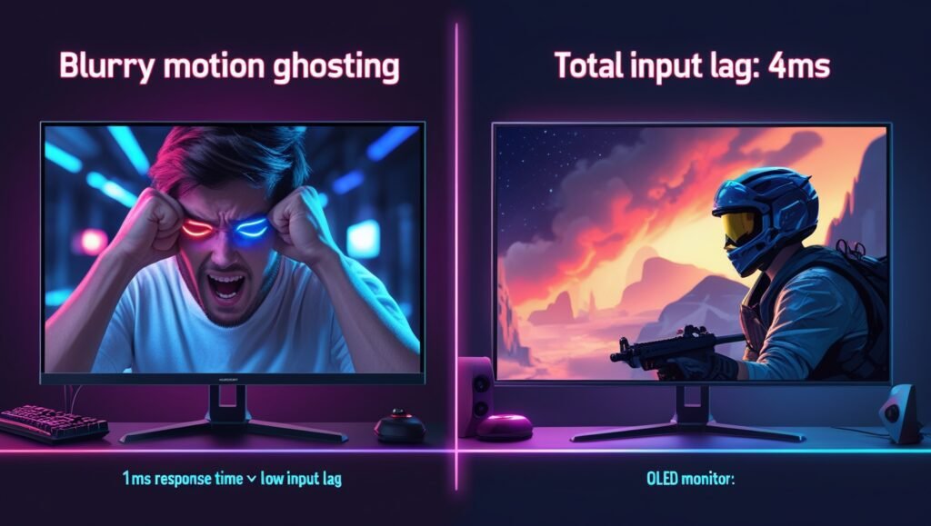 Myth vs reality: A monitor with fast 1ms response time can still have high input lag causing blurry motion, versus a true low-lag OLED display for competitive gaming.