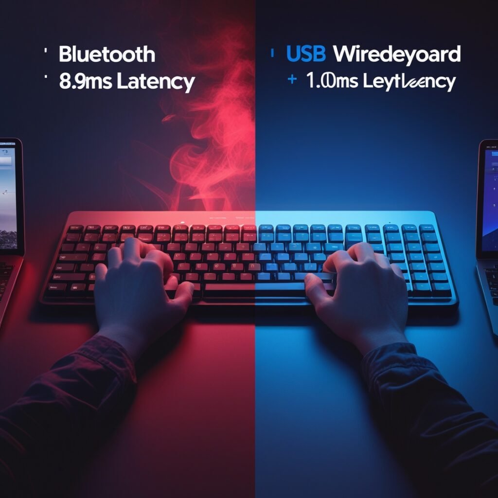 Gamer pressing a mechanical keyboard with on-screen shooter game reacting milliseconds later, demonstrating input delay between keypress and action