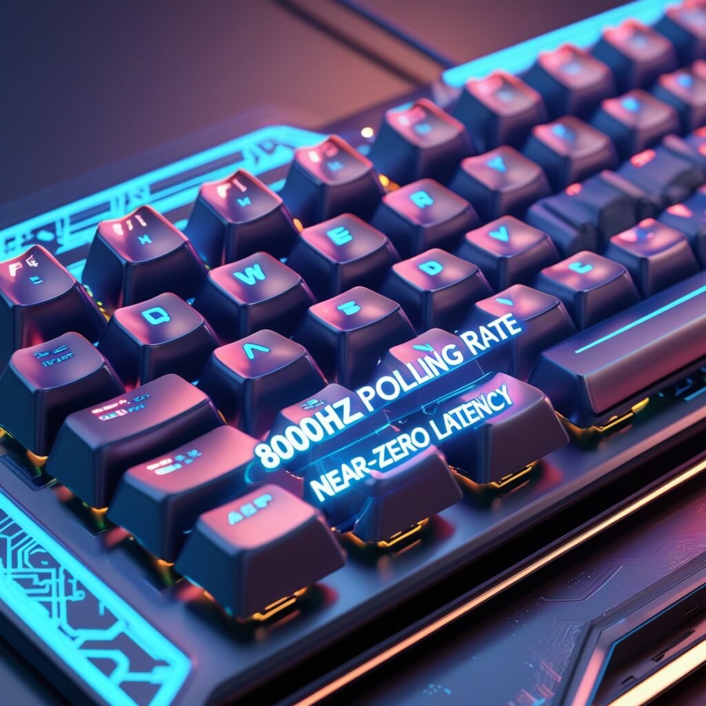 Close-up photo of a mechanical keyboard with overlay text explaining polling rate myths