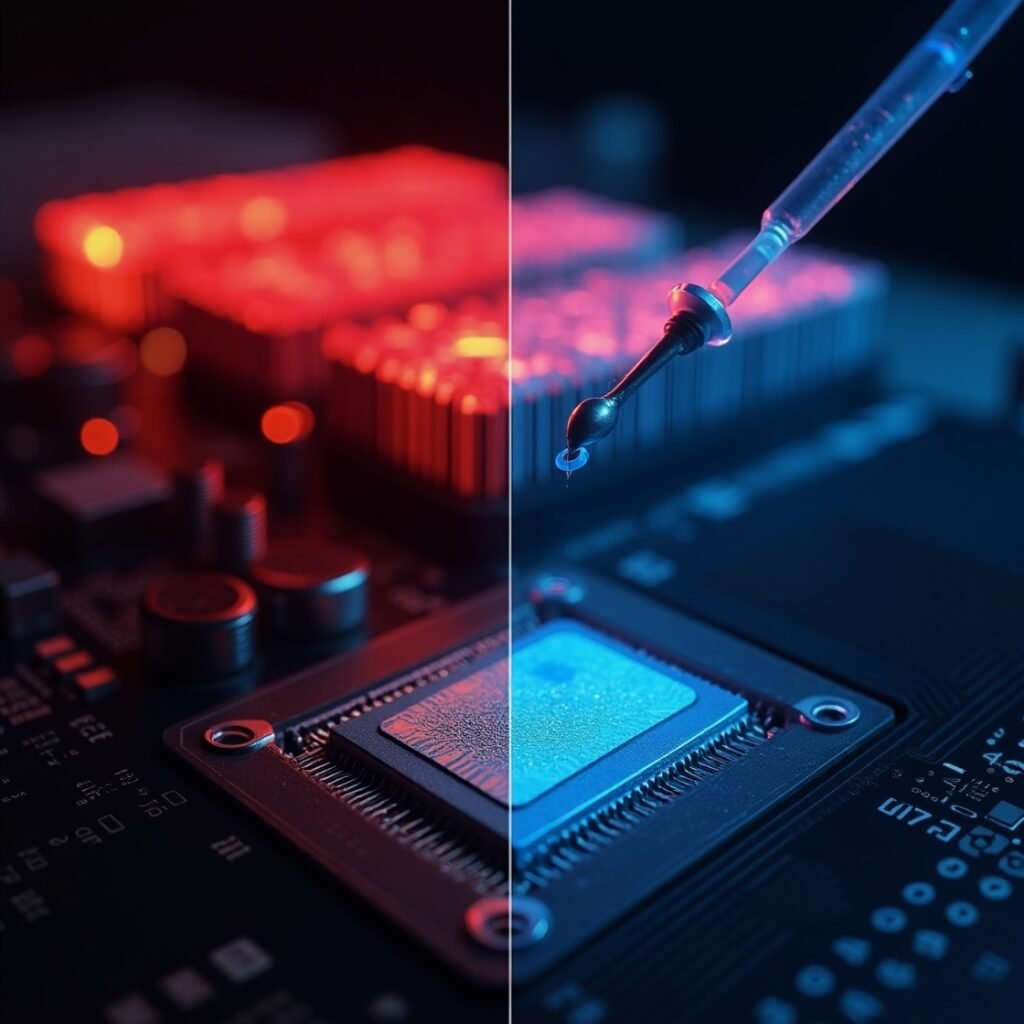 Thermal imaging: stock cooling vs liquid-cooled gaming PC temperatures for streaming.
