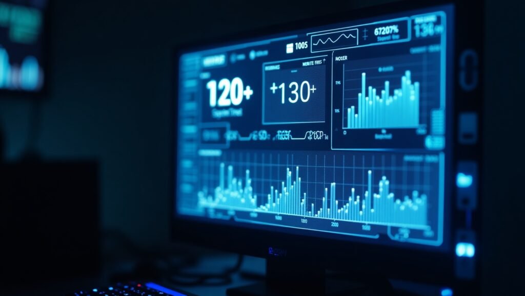Real-time gaming PC metrics: FPS counter, CPU/GPU temps, stable bitrate for streams.