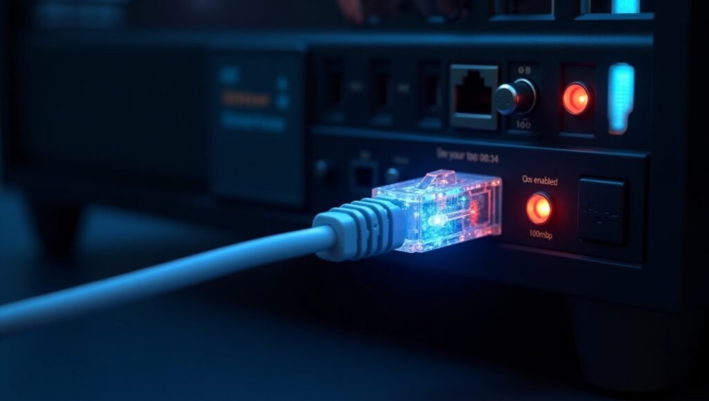 Ethernet-connected gaming PC with QoS-enabled router for low-latency live streaming.