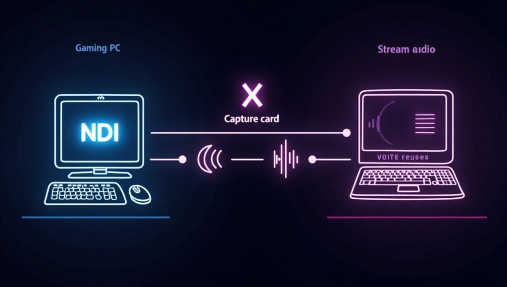 Ergonomic streaming desk: monitor arms, capture device, noise-canceling headphones setup.