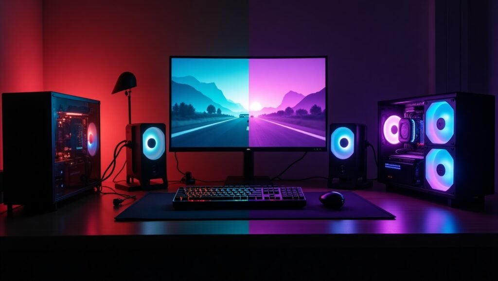 Gaming vs streaming PC comparison: single vs dual monitors, capture card, cooling upgrade.
