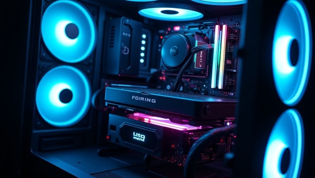 Optimized gaming PC interior: RTX 4080, liquid cooling, dual monitors for streaming setup