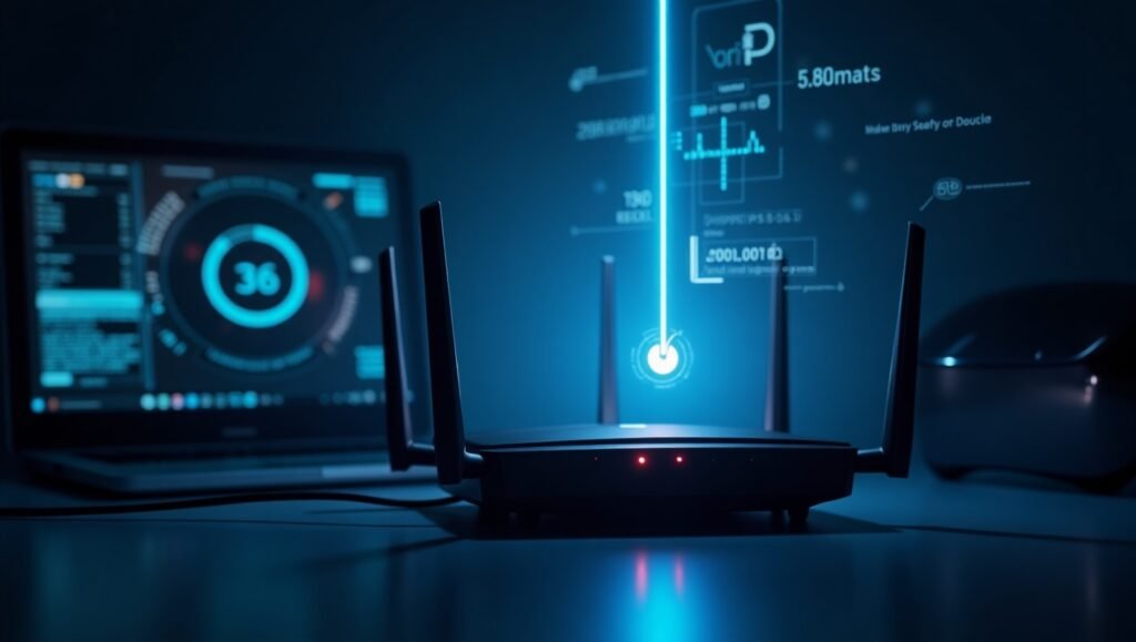 Wi-Fi 6 router broadcasting Channel 36 signal to VR headset and gaming laptop for low latency