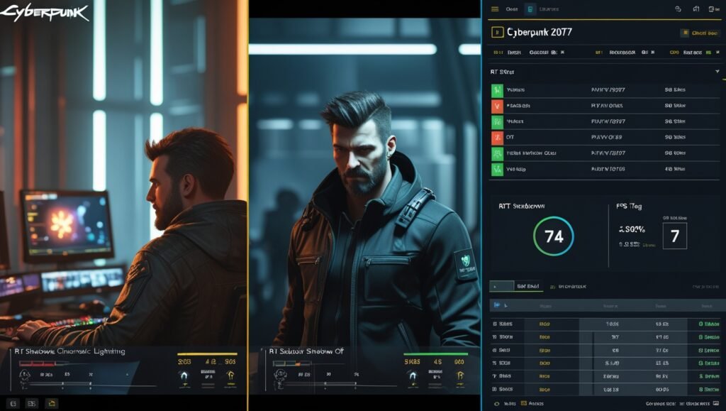 Alt: Cyberpunk 2077 split-screen - RT shadows ON (cinematic) vs OFF (+30% FPS) with GPU stat overlay