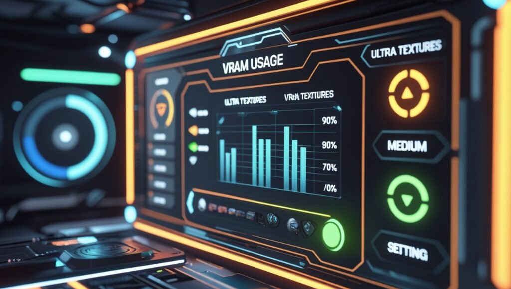 3D bar chart: Disabling RT shadows gives +30% FPS vs +15% for texture reduction - cyberpunk theme