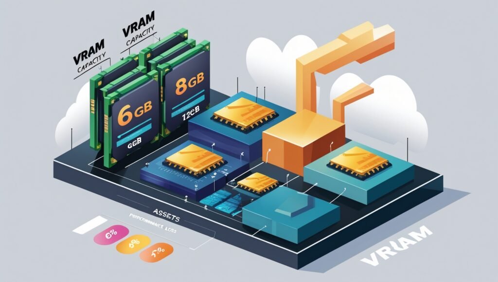 Alt: Isometric VRAM diagram: 6GB vs 8GB GPU memory handling game textures with overflow warning labels