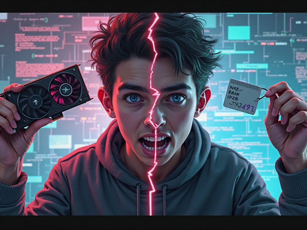 "Gamer torn between holding GPU ('BUY NOW') and clock ('WAIT FOR DROP'). Glitch effect showing decision conflict"