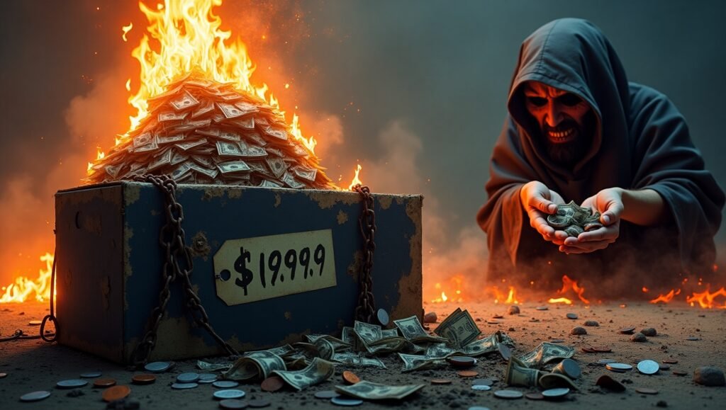 "Golden scale balancing $825 RTX 5070 Ti vs $699 RX 9700 XT with $100 bills tipping toward AMD. Minimalist 3D render"