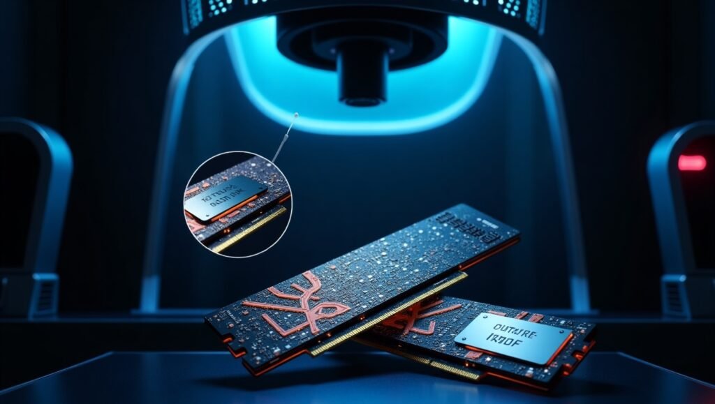 "Flawless product shot: RTX 5090, RX 9700 XT and ARC B580 on brushed aluminum with 'JUNE 2025' neon text. Studio lighting"