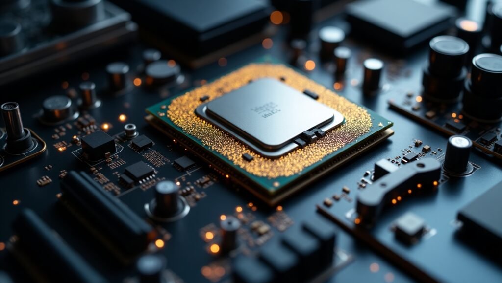 High-detail image of thermal paste application on a central processing unit on a PC motherboard