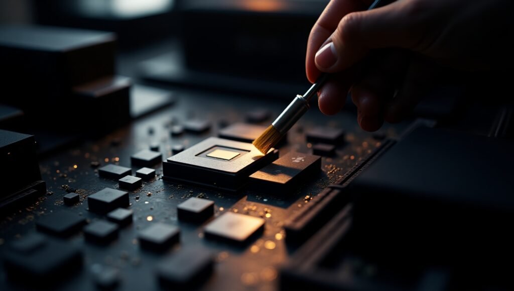 Close-up of a technician applying thermal paste on a CPU using a brush, mounted on a motherboard