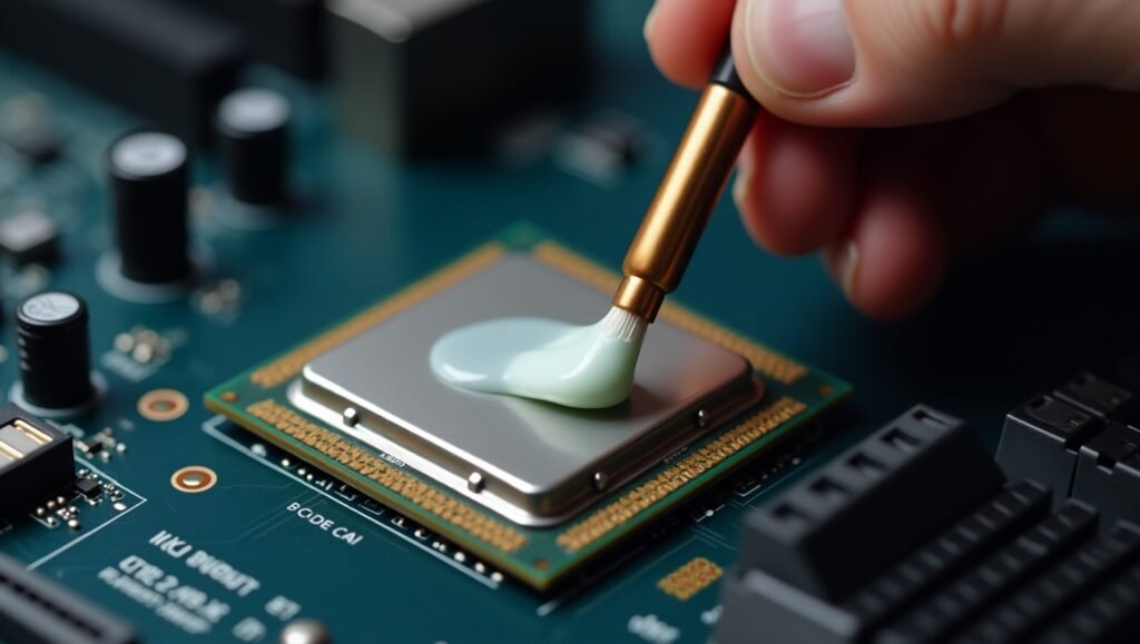 Gloved hand spreading creamy thermal compound on a computer processor with precision