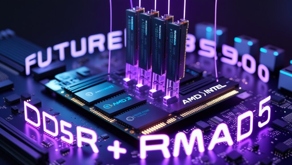 Floating PCIe 5.0 SSD and DDR5 RAM modules. "Future-Ready" gaming rig components with neon glow.