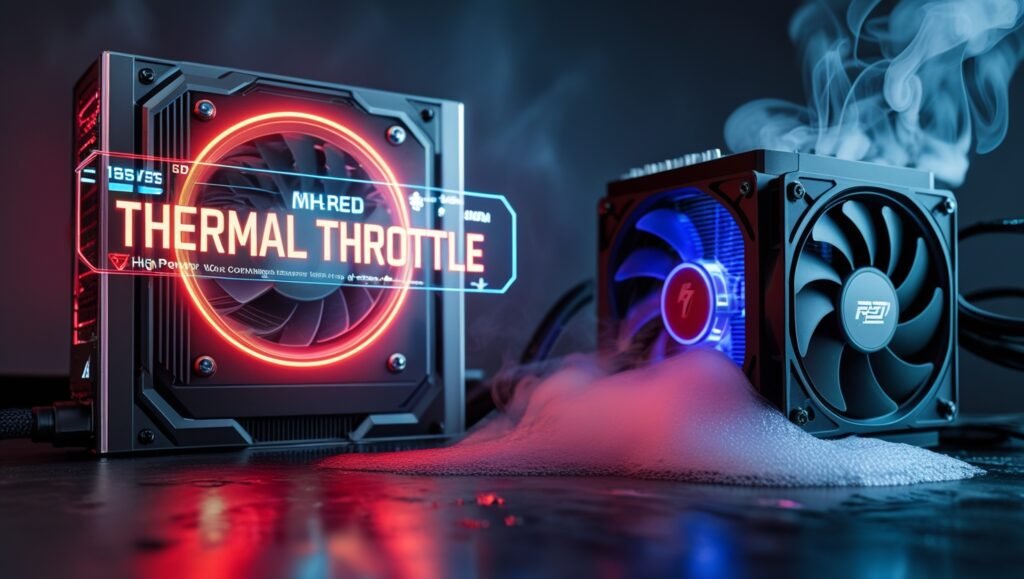 Overheated Ryzen 7 9800X3D with thermal alert. Robust air cooler + PSU required for high power consumption.