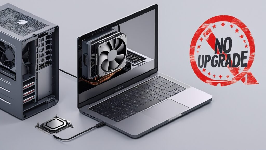 Desktop with swappable GPU vs MacBook's non-upgradable soldered components technical diagram