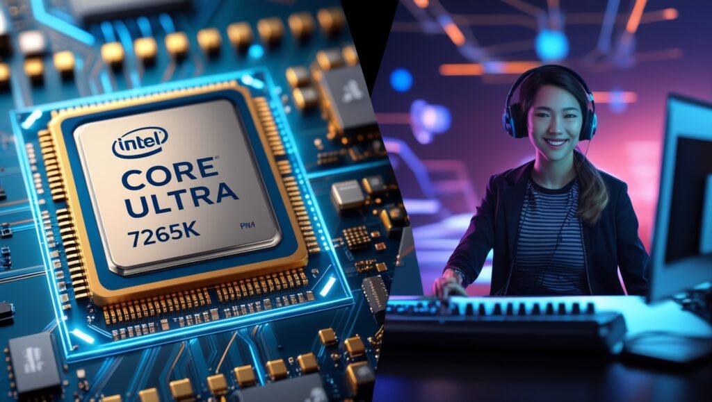 Intel Core Ultra 7265K chip showing P-cores/E-cores + NPU streaming effects (background blur, autoframing). AI-optimized hybrid architecture.
