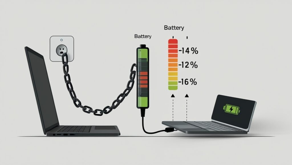 Laptop chained to outlet with decaying battery health percentage - portability tradeoff infographic