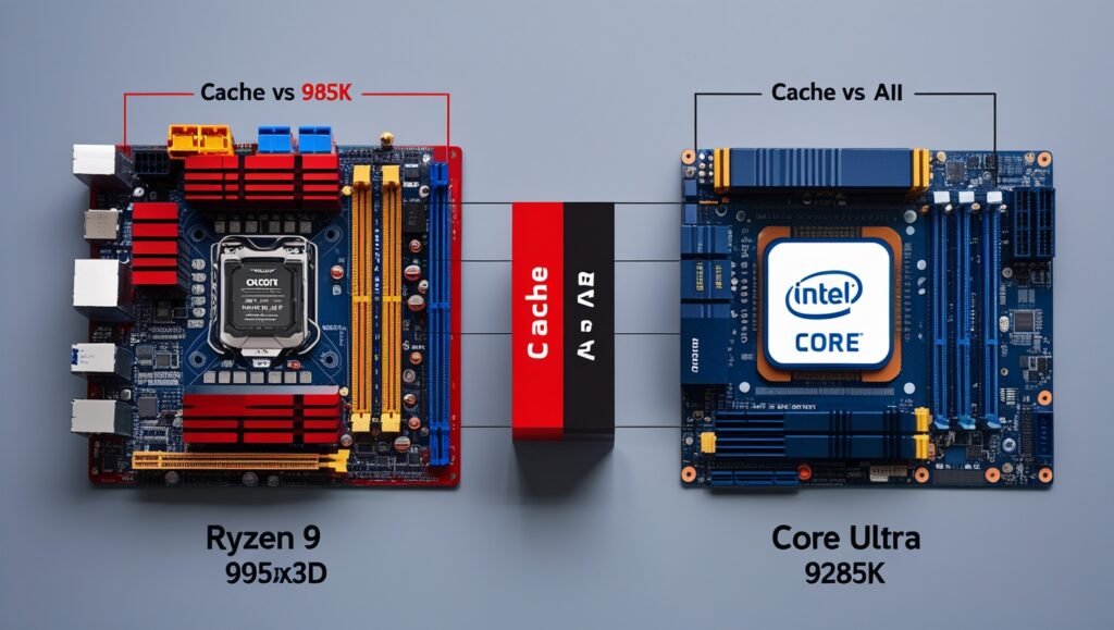 Ryzen 9 9950X3D (cache-focused) vs Intel Core Ultra 9285K (AI-hybrid) visual comparison on AM5/LGA1700 boards