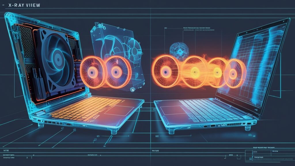 Laptop overheating during rendering vs desktop liquid cooling system heat map visualization