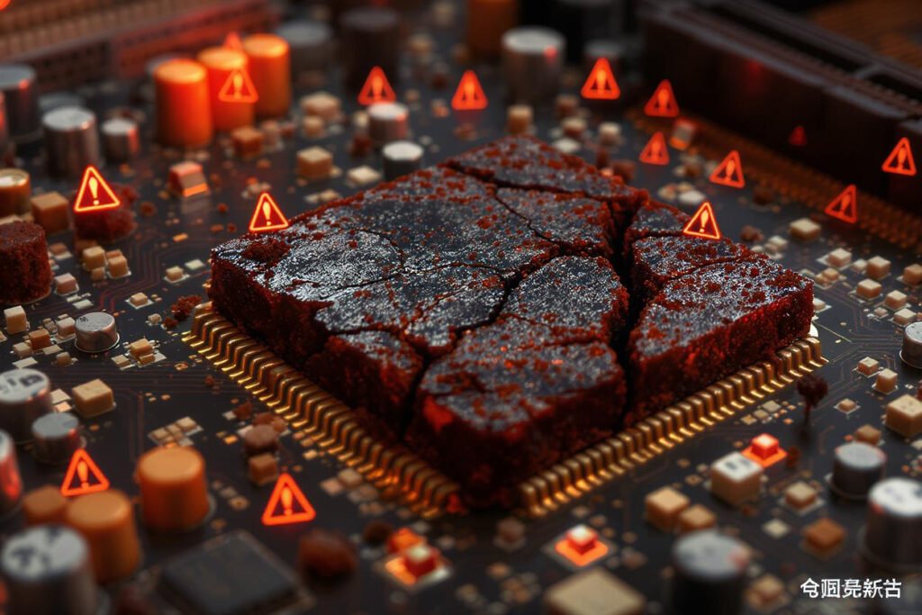 "Hyperrealistic close-up of cracked thermal paste on GPU die with overheating warning icons. Orange/red color grading"