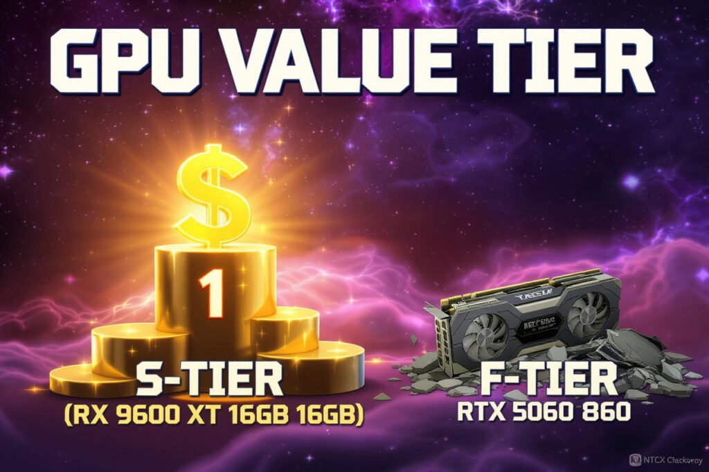 *"S-tier RX 9600 XT 16GB GPU on golden podium above F-tier shattered RTX 5060 8GB. Purple cosmic background with 'June 2025 GPU Rankings' text overlay"